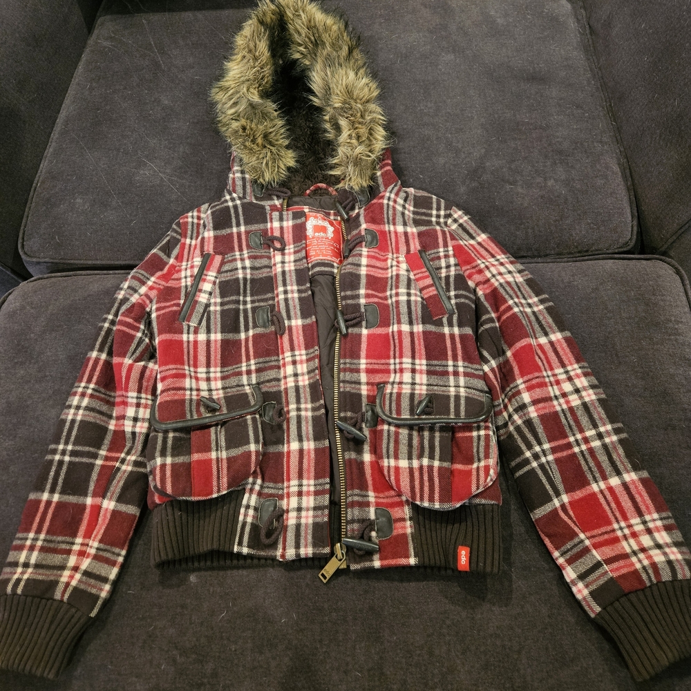 Esprit Red and Brown Plaid Puffer Jacket with Faux Fur Hood